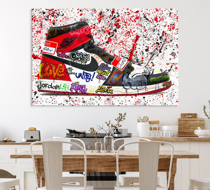 A Jordan Shoes Graffiti Canvas Print hangs prominently, perfect for sneakerheads and urban art lovers.