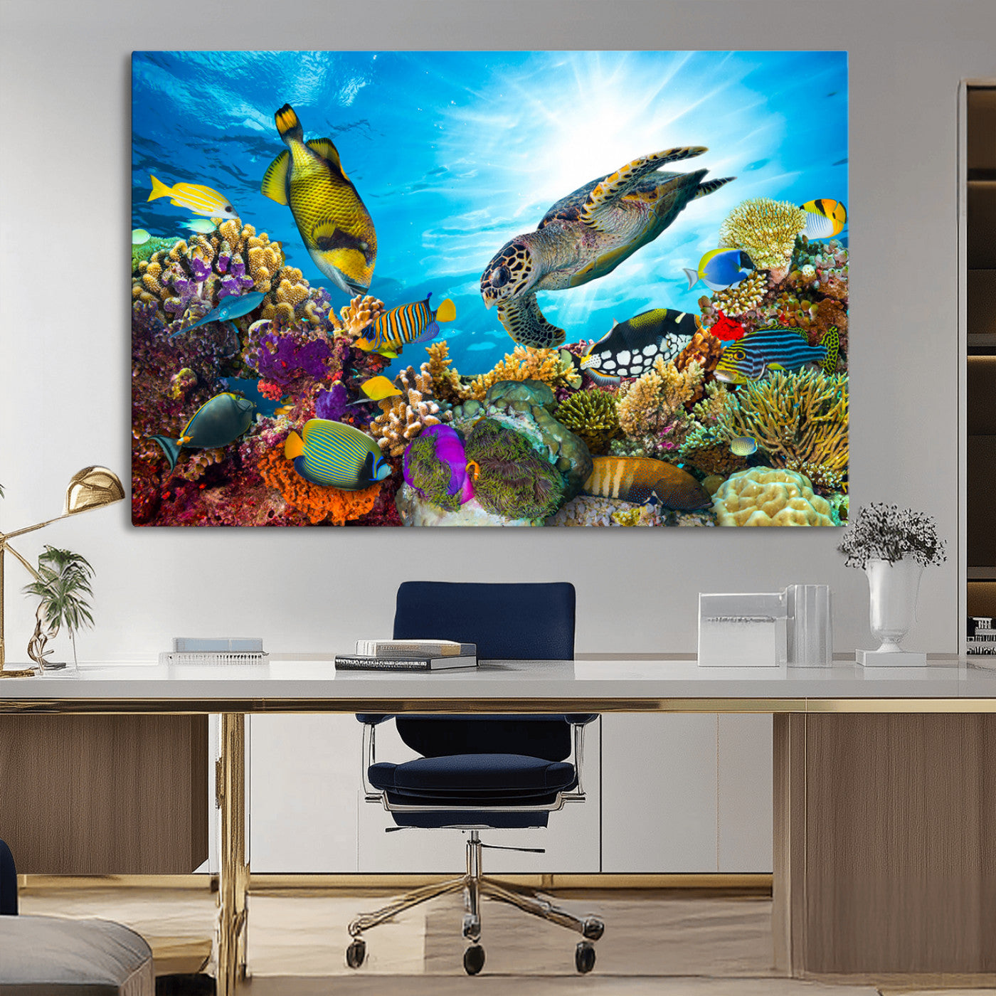 -Colorful Coral Reef and Sea Life Turtle Canvas Print, Underwater Tropical Ocean Wall Art for Home