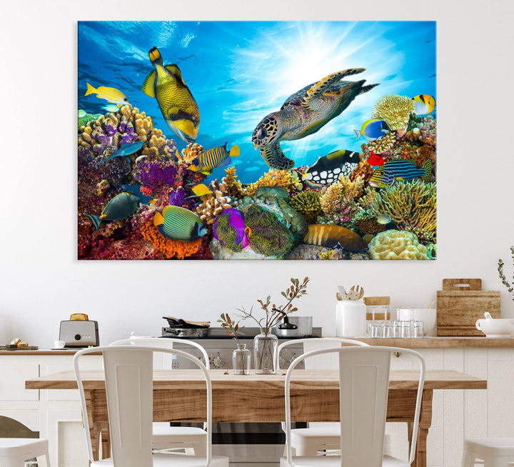 The Colorful Coral Reef and Sea Life Turtle Canvas Print brings vibrant ocean decor to your wall.