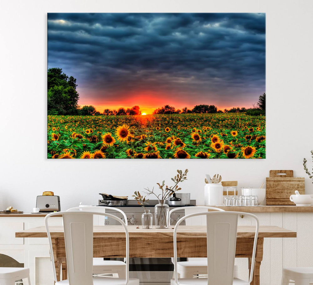 A Golden Sunflower Field at Sunset ready-to-hang wall art canvas print.