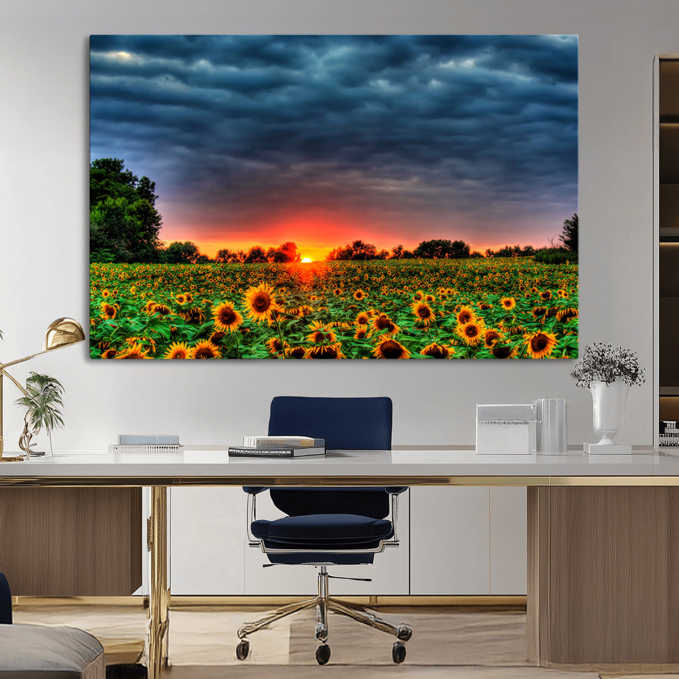 MGV-CV-36X24 - Golden Sunflower Field at Sunset – Breathtaking Sky and Vibrant Flowers, Ready to Hang Wall Art