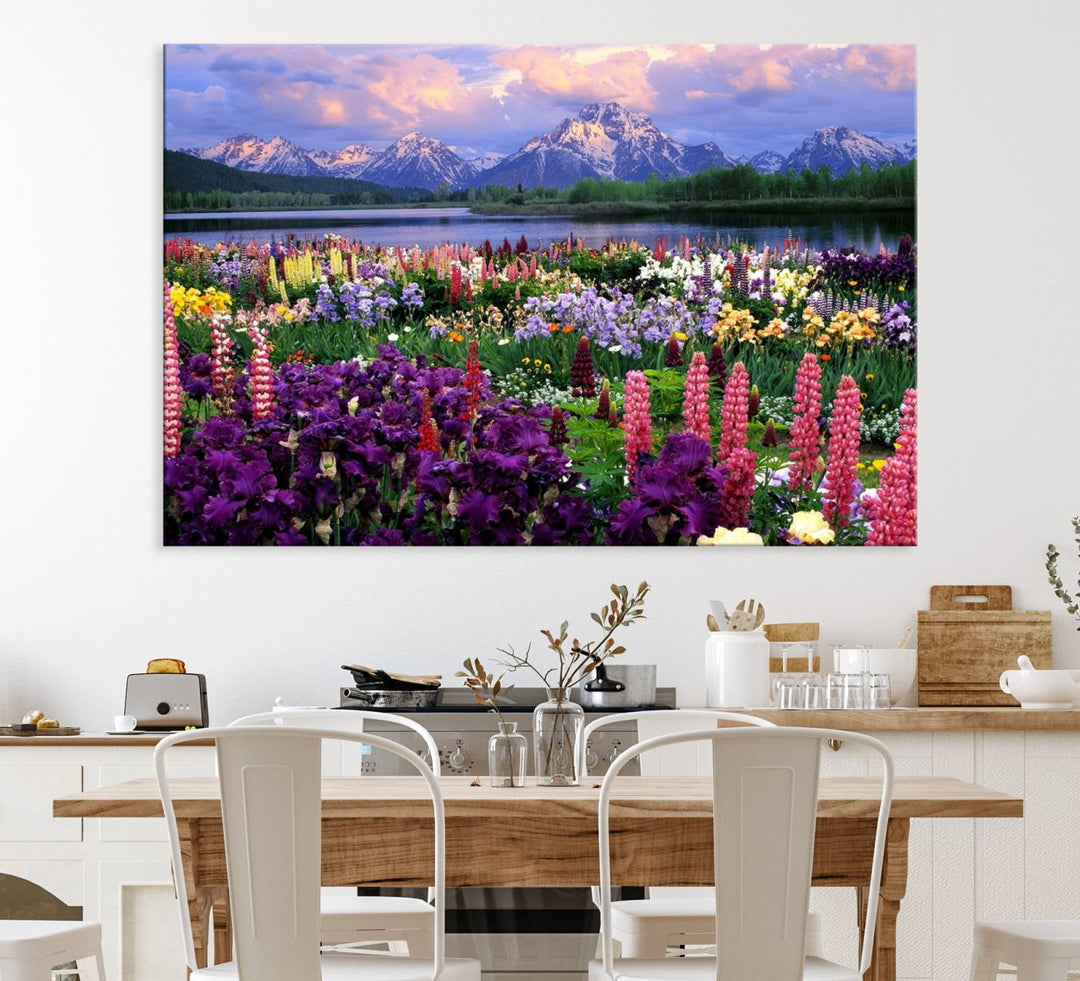 A Vibrant Wildflower Garden and Mountain View Giclee Print is displayed prominently on the wall.