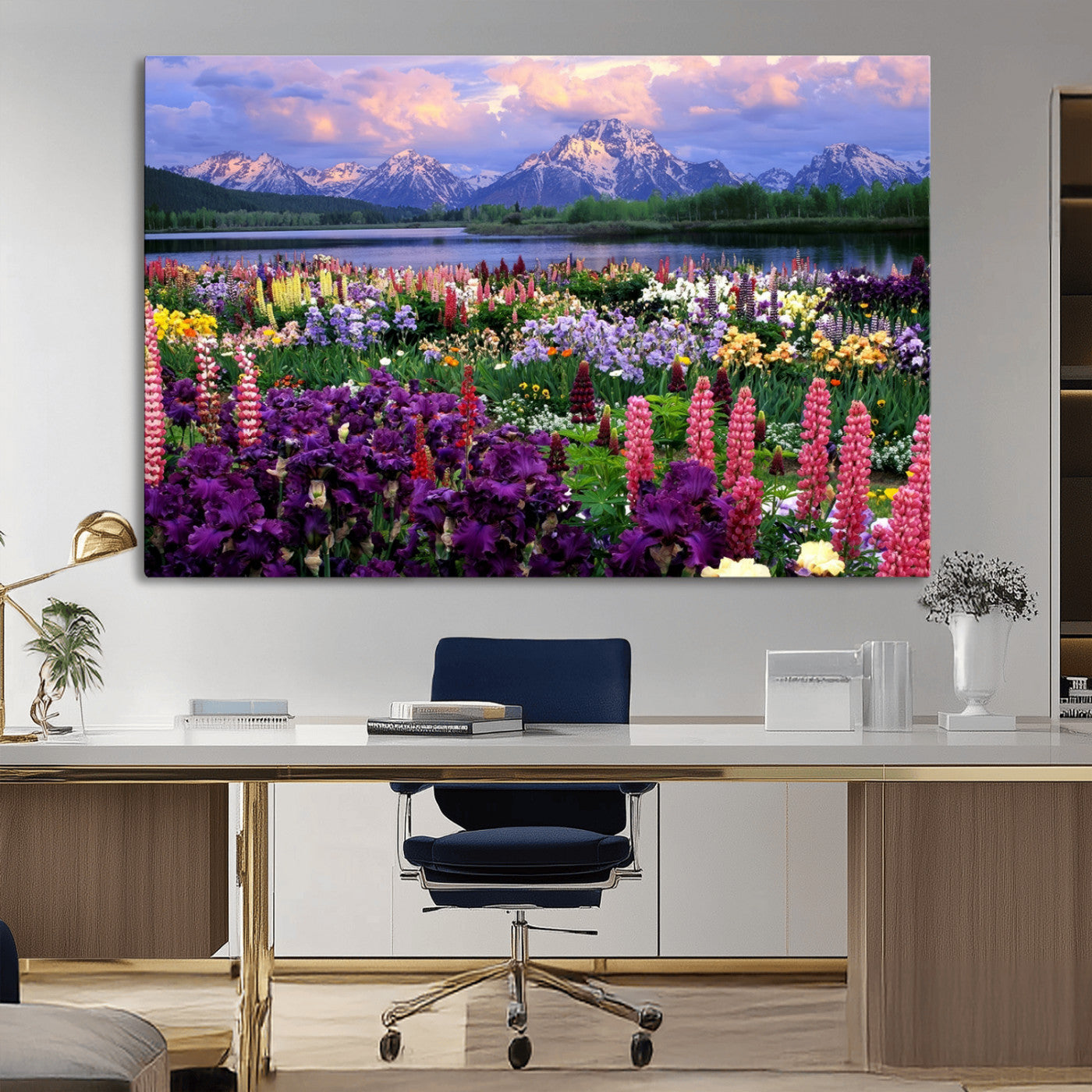 MGV-CV-36X24 - Vibrant Wildflower Garden and Mountain View Giclee Canvas Print | Floral Wall Art for Living Room