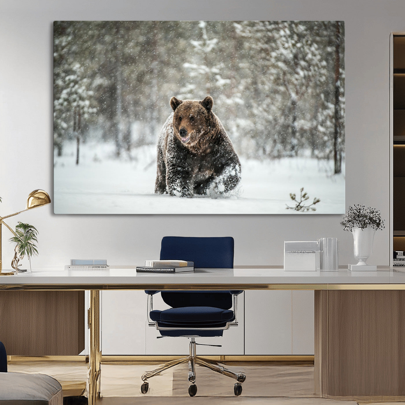 MGV-CV-36X24 - Wall Art Canvas Print – Grizzly Bear in Snowy Forest Powerful Presence Snowy Wilderness Wild Beauty