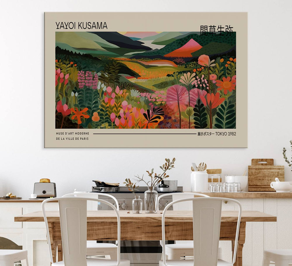 A Yayoi Kusama Landscape Canvas Print adorns the wall.