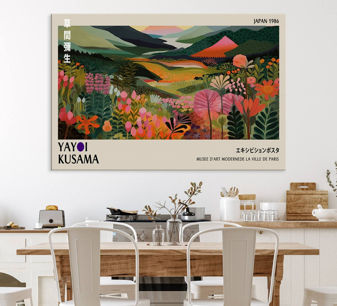 Yayoi Kusamas Landscape Canvas Print with vibrant floral mountain art adorns the wall.