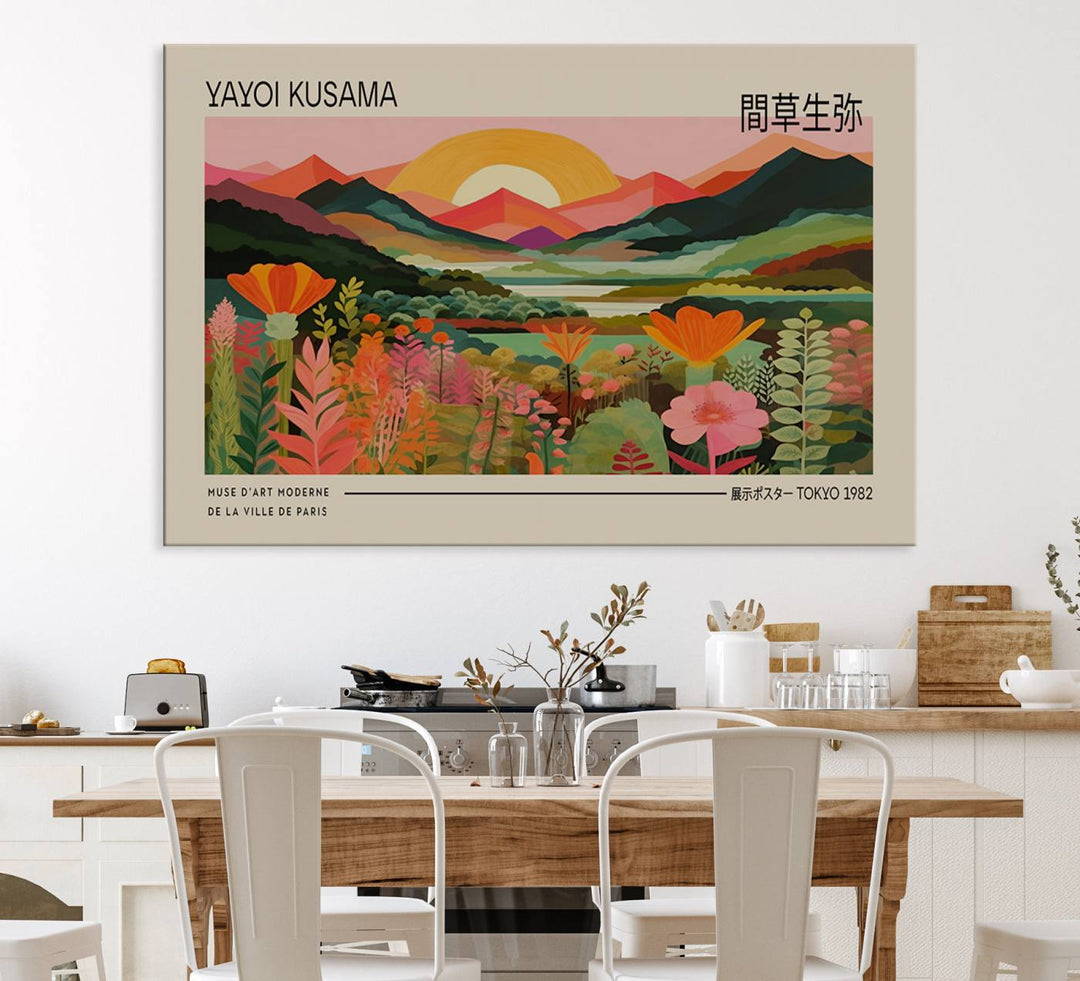 A Yayoi Kusama landscape print and an antique world map enhance the dining area.