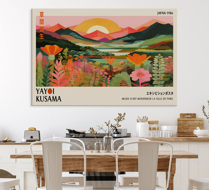 The Yayoi Kusama Landscape Canvas Print, featuring vibrant floral mountains and sunset scenery, enhances the room.