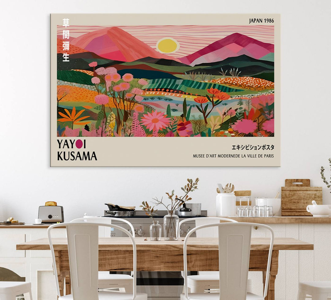 Yayoi Kusama Landscape Canvas Print, featuring a vibrant floral mountain design.