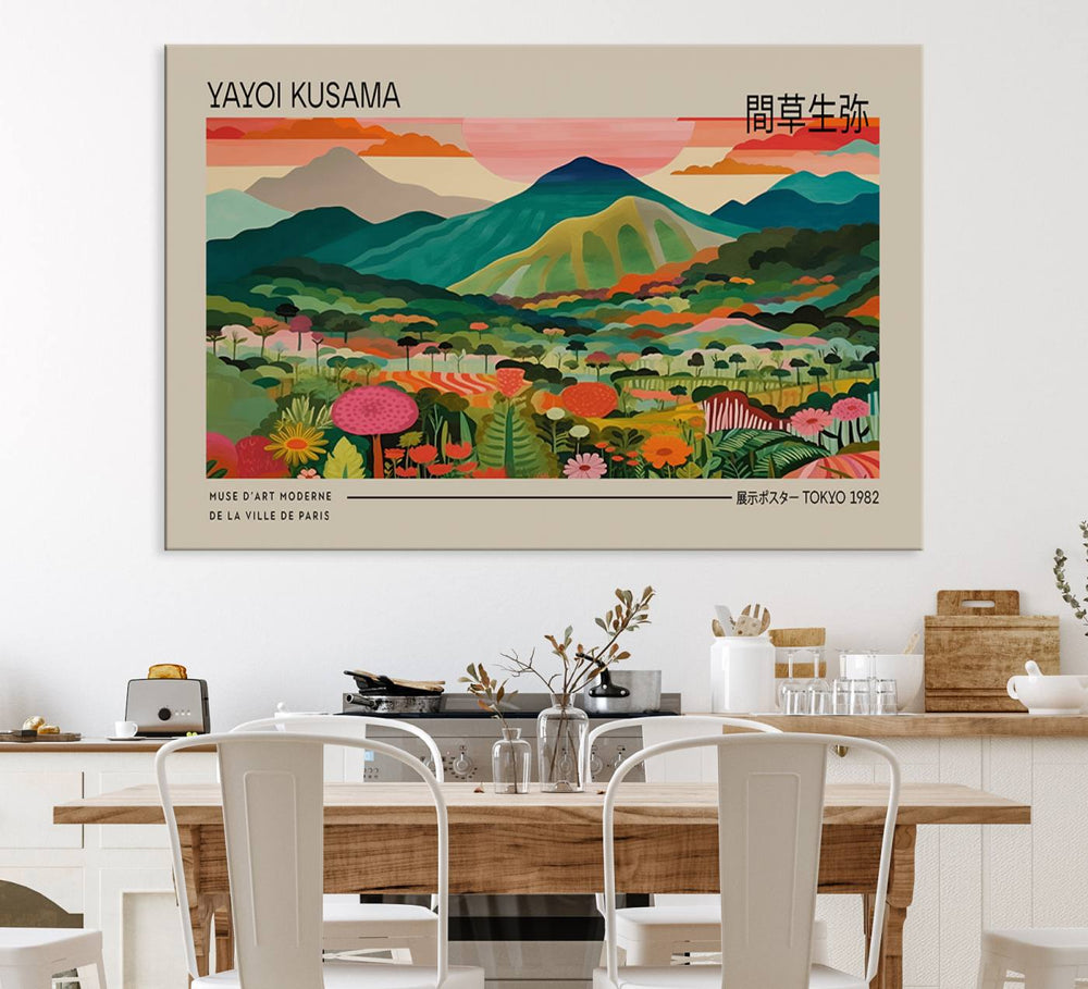 A vibrant floral mountain canvas print by Yayoi Kusama adorns the wall.