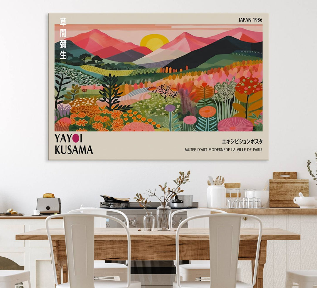 The wall art includes a vintage world map and Yayoi Kusamas colorful landscape.