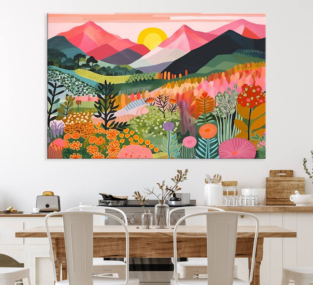 Vibrant abstract landscape canvas: Yayoi Kusama 1986 wall art print featuring mountains, sun, and flowers. Ready-to-hang.