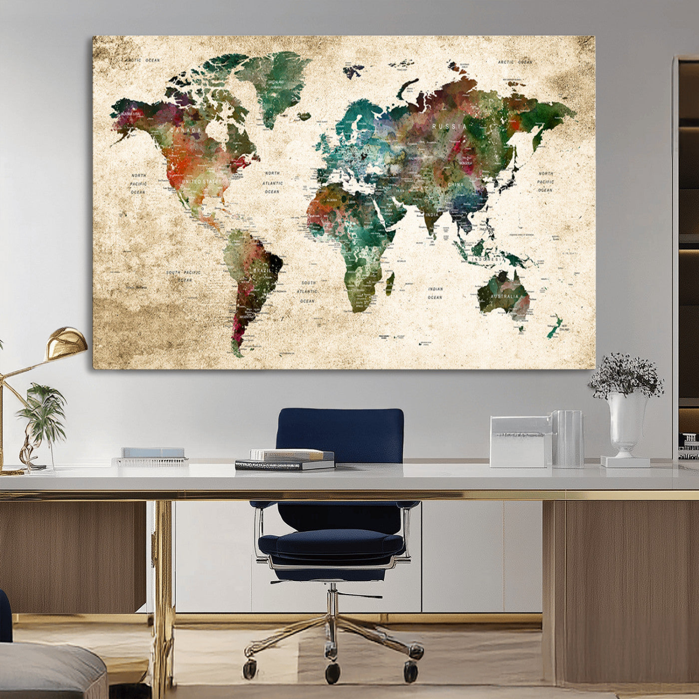 45128-MGV-CV-36X24-Push Pin World Map Canvas Print – Framed Wall Art for Couples to Track Their Travels – Anniversary Gift or Home Adventure Decor