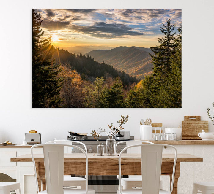 A triptych canvas titled Sunrise Over the Smoky Mountains adorns the wall.