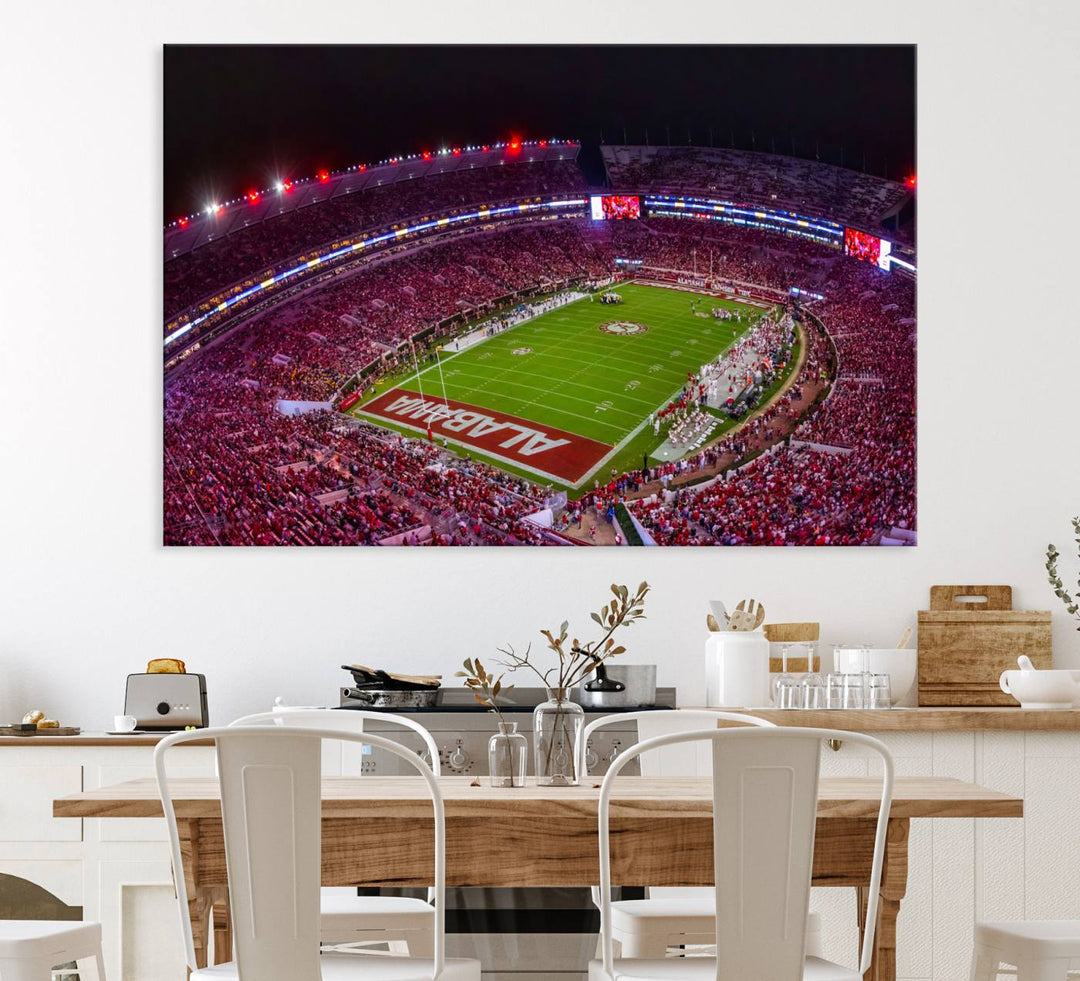 The living room features a Bryant-Denny Stadium Night Game Triple Canvas Wall Art.