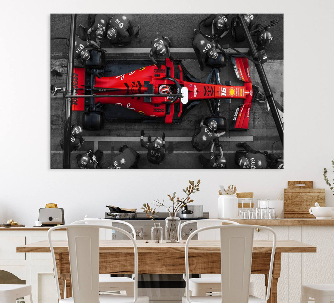 Ferrari Pit Stop Canvas Wall Art displayed prominently in the living room.