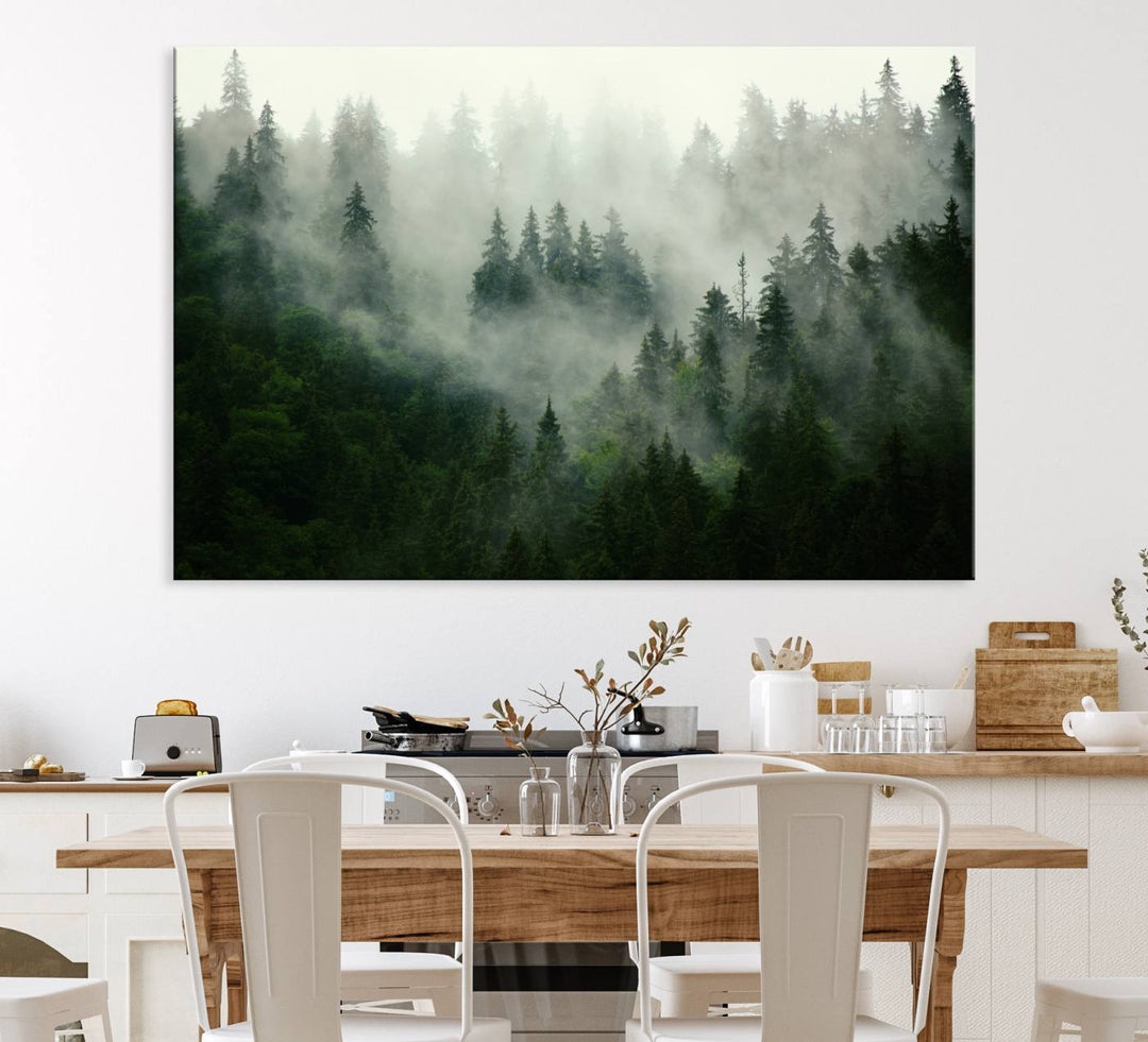 Misty Forest Mountain Wall Art | Large 3-Panel Foggy Landscape Canvas Print | Misty Forest Canvas Art | Nature Wall Art for Home | Mountain Fog Print