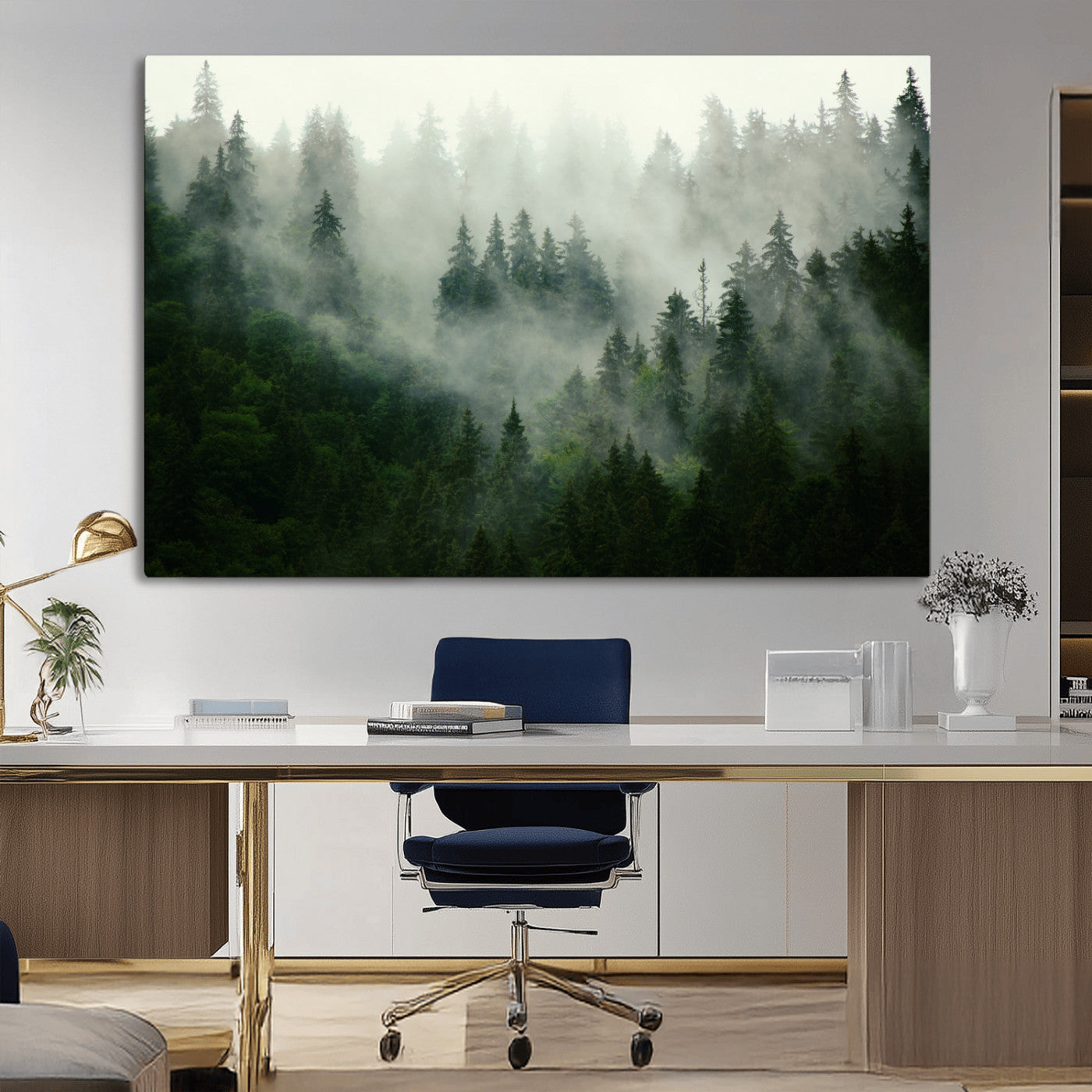 MGV-CV-36X24 - Misty Forest Wall Art Canvas Print - Foggy Forest Landscape Canvas Wall Art – Serene Triptych Nature