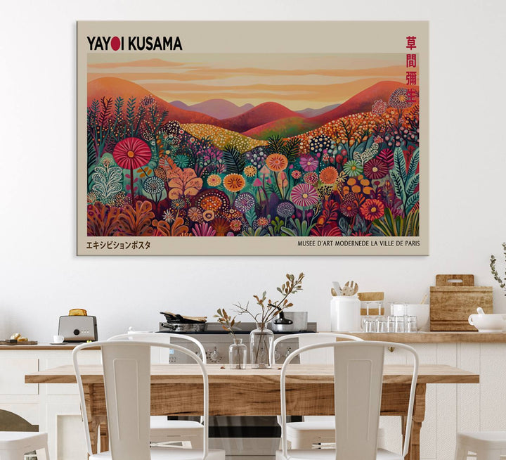 A framed Yayoi Kusama abstract landscape art print adorns the wall.