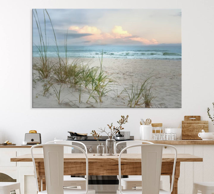 Flight Over Coastal Beach print on UV canvas displayed against white walls.