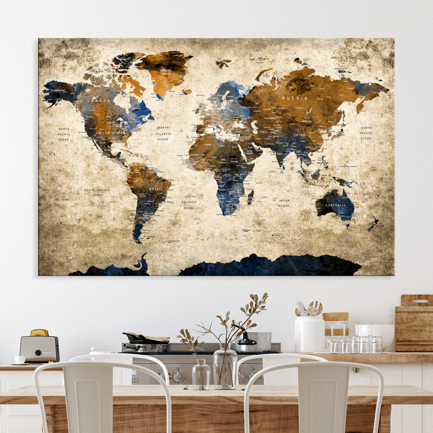 [sku] Vintage World Map Canvas Wall Art – Textured Triptych Map Print – Global Decor for Living Room or Office – Ready to Hang