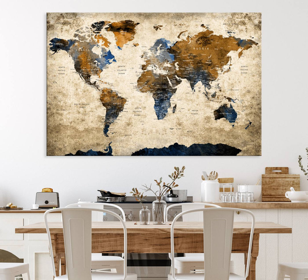 Vintage World Map Canvas Wall Art – Textured Triptych Map Print – Global Decor for Living Room or Office – Ready to Hang