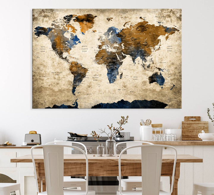 Vintage World Map Canvas Wall Art – Textured Triptych Map Print – Global Decor for Living Room or Office – Ready to Hang