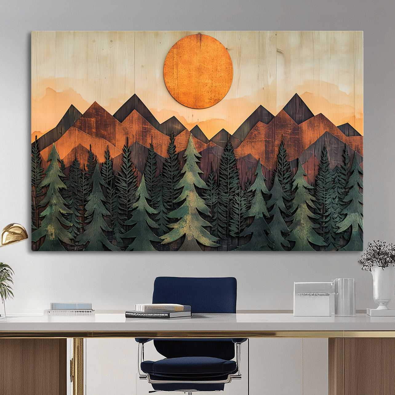 77739-MGV-CV-36X24 - Wood Style Sunset Mountain Landscape Canvas Wall Art Print - Nature Decor for Living Room, Office