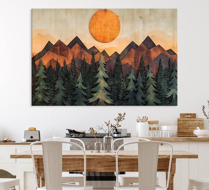 Sunset Mountain Landscape canvas wall art print featuring forest and wooden textures in green, brown, and orange.