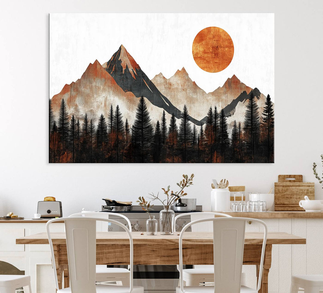 A Modern Abstract Mountain Canvas Wall Art Print features a rustic sun and mountains design.