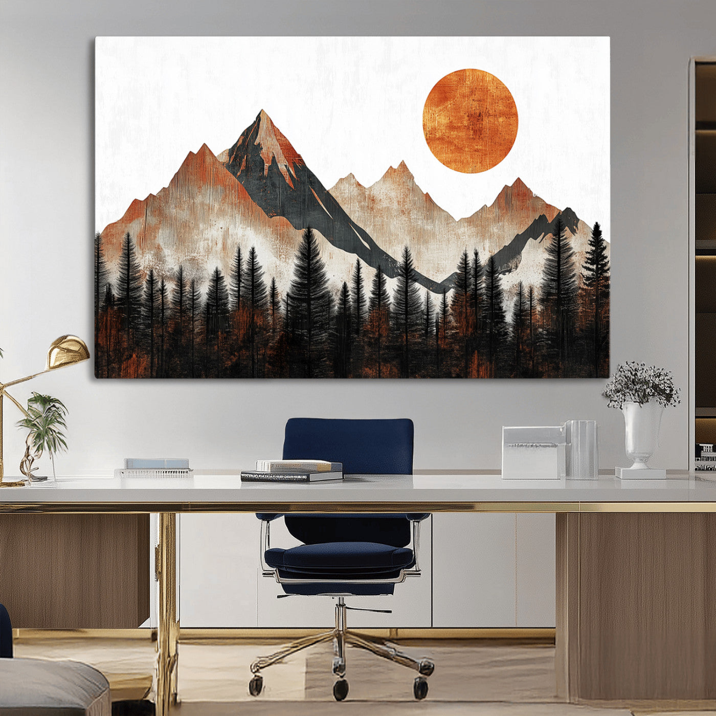 MGV-CV-36X24 - Modern Abstract Mountain Canvas Wall Art Print, Abstract Landscape Print, Rustic Sun and Mountains