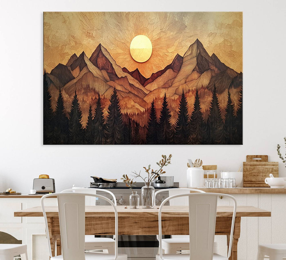 The dining area features a Wood Style Abstract Mountain Sunset canvas wall art print.