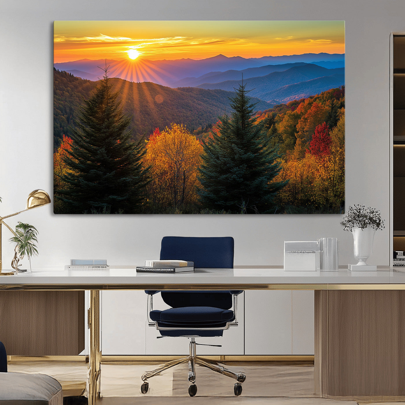 MGV-CV-36X24 - Golden Sunset Over Mountain Forest Canvas Wall Art Print - Warm Nature-Inspired Landscape for Living