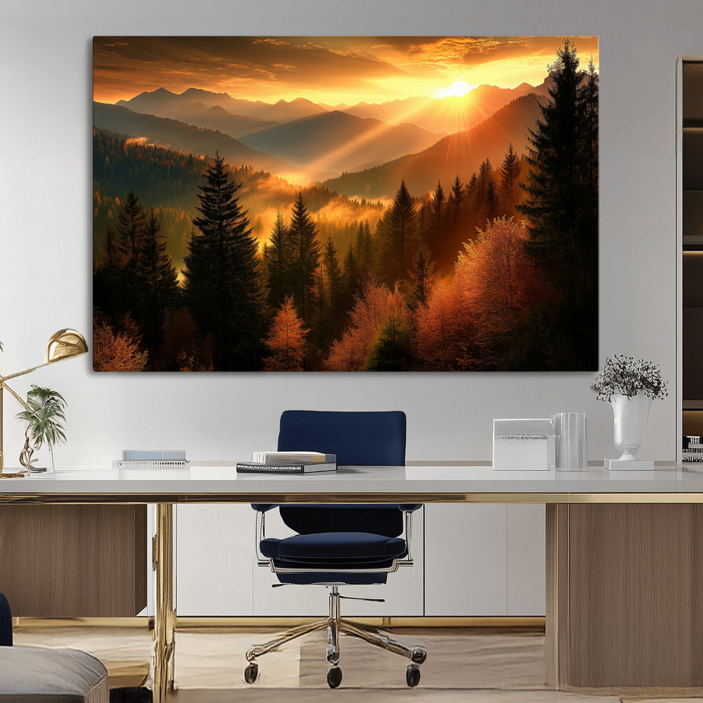 MGV-CV-36X24 - Golden Sunset Over Mountain Forest Canvas Wall Art Print - Warm Nature Landscape Print