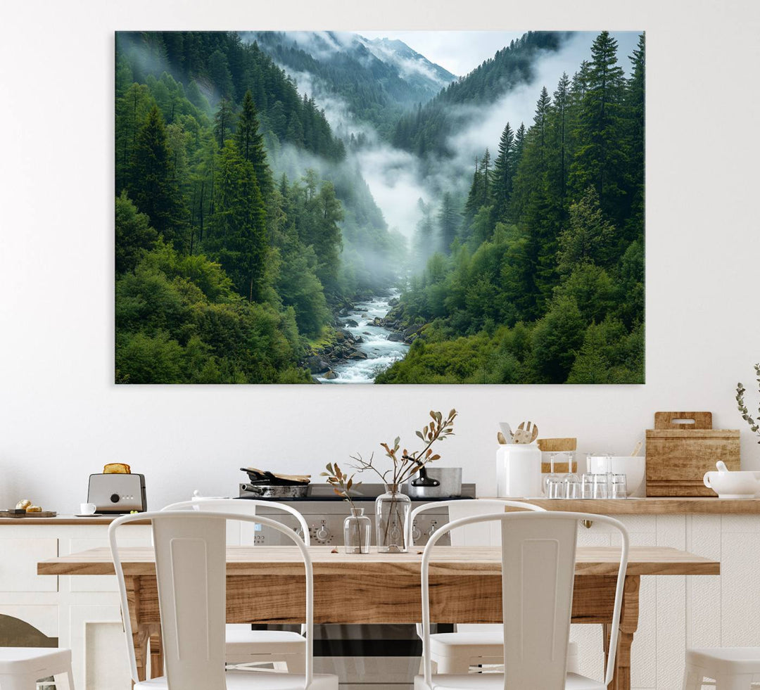 The Mountain Forest River Wall Art adds serenity to a modern living room.