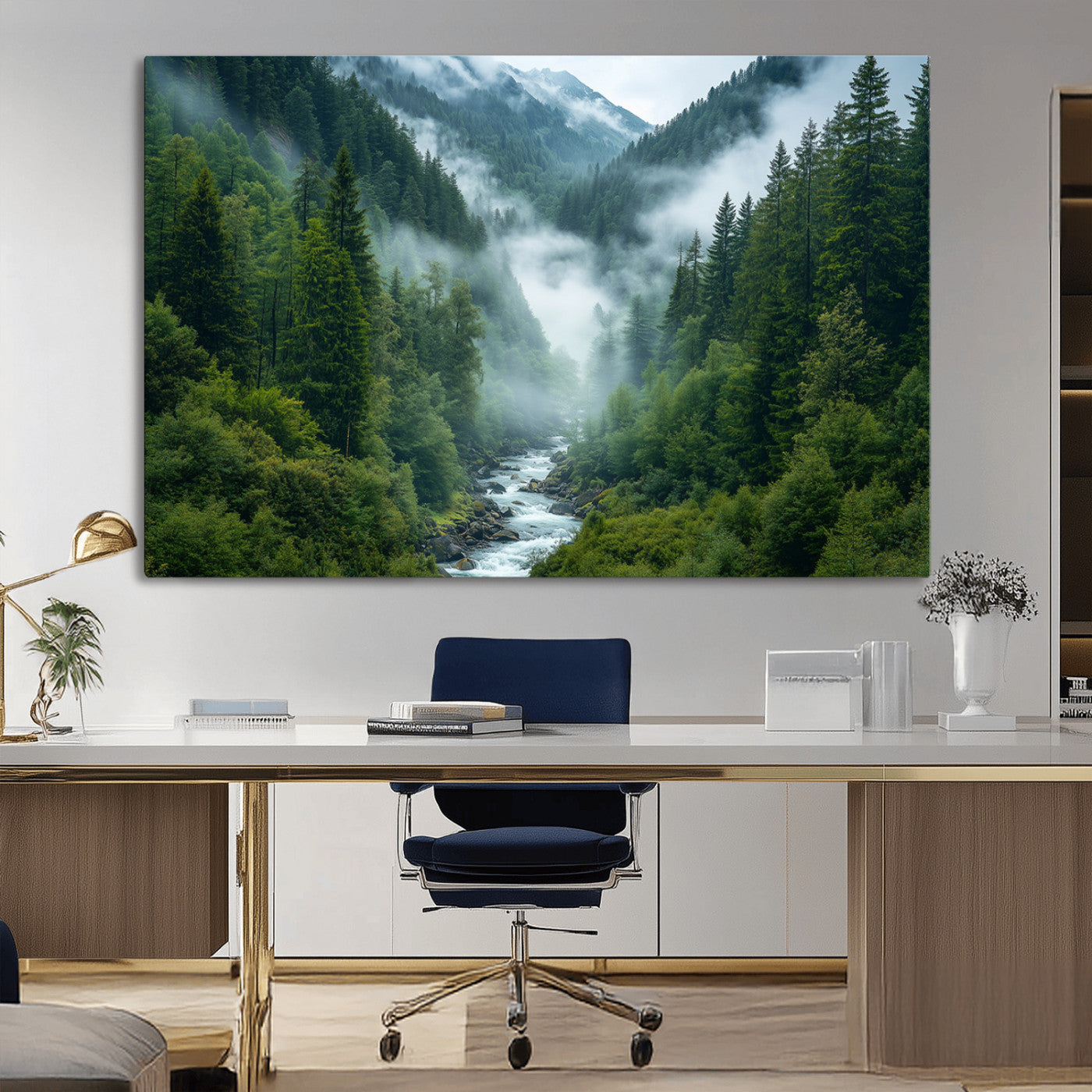 MGV-CV-36X24 - Mountain Forest River Canvas Wall Art Print - Serene Nature Landscape for Living Room, Office, or