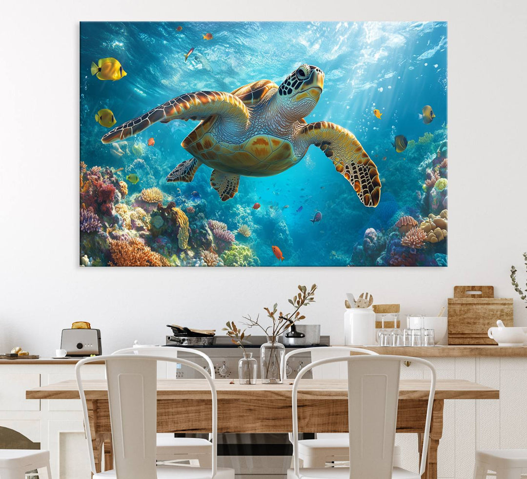 The Sea Turtle Underwater Canvas adorns the wall.