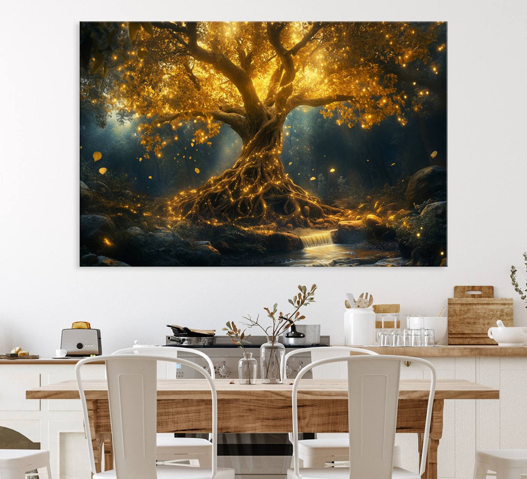 The wall art, titled Mystical Majestic Glowing Tree, hangs above.