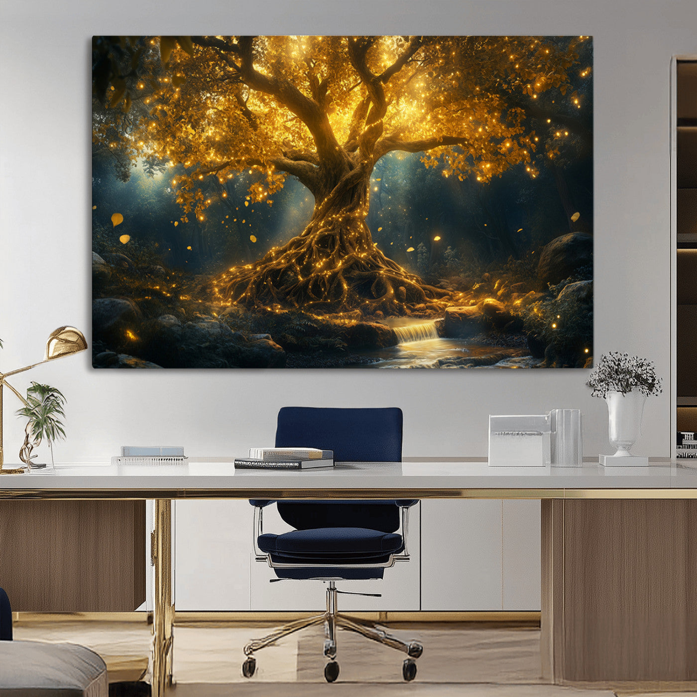 MGV-CV-36X24 - Golden Tree of Life Canvas Wall Art Print - Majestic Glowing Tree Wall Art Print
