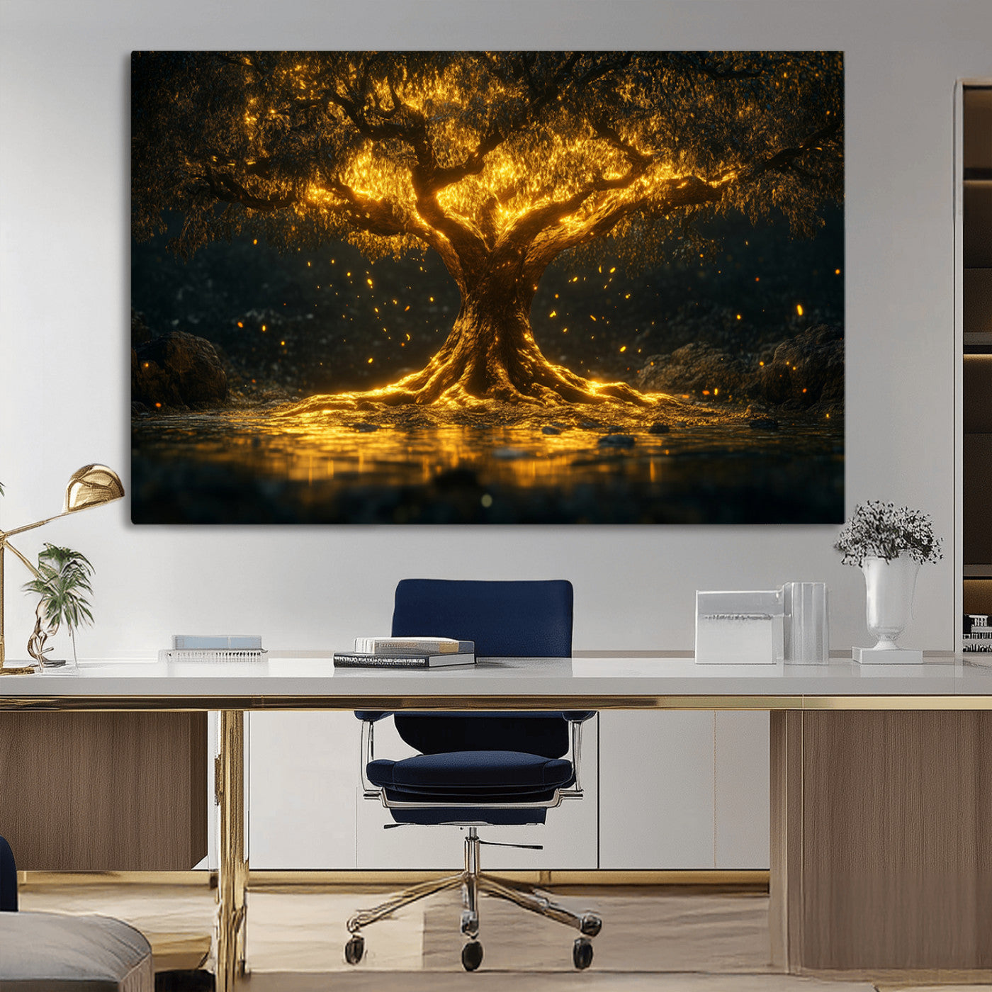 MGV-CV-36X24 - Golden Tree of Life Canvas Wall Art Print - Majestic Glowing Tree Wall Art Print