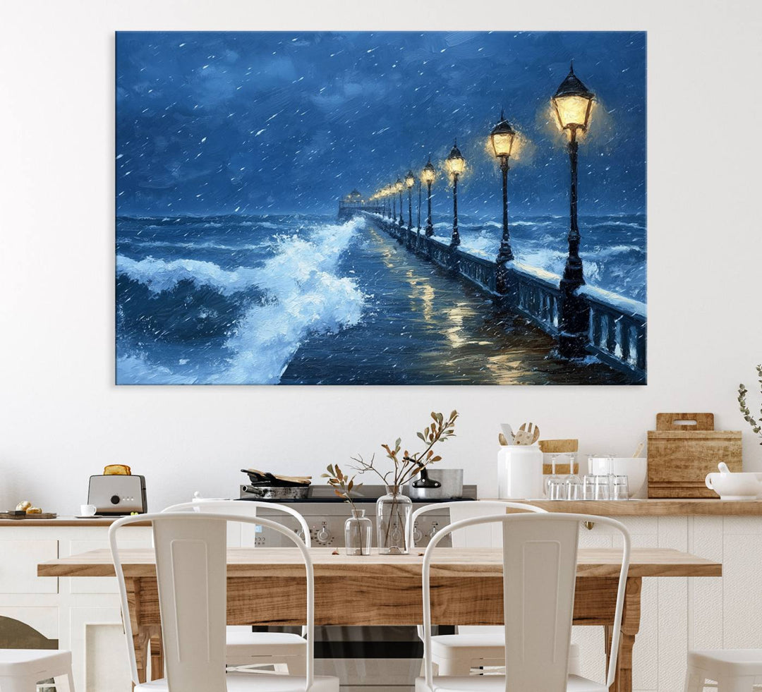 The living room features the Stormy Ocean Pier Lights canvas wall art for illumination.