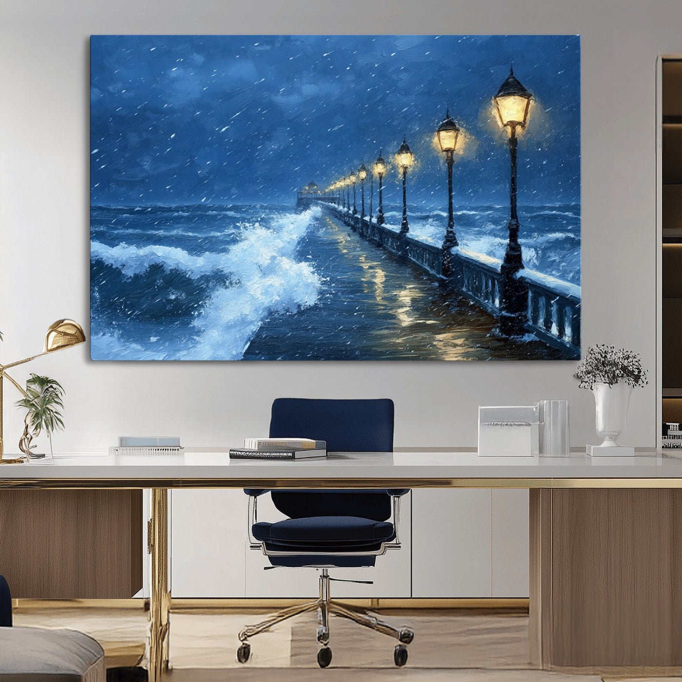 MGV-CV-36X24 - Stormy Ocean Pier Lights Canvas Wall Art Print - Large Moody Night Scene for Living Room, or Office,