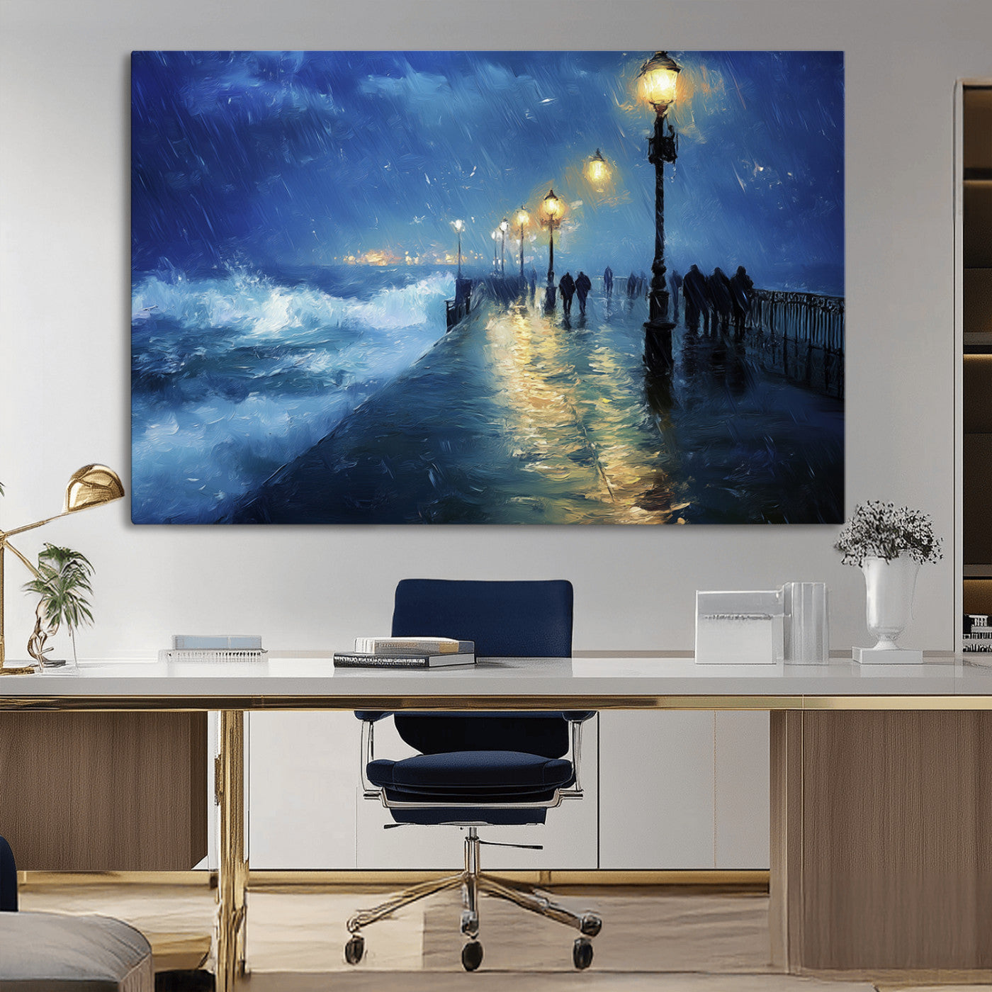 MGV-CV-36X24 - Abstract Stormy Ocean Pier Canvas Wall Art Print | Stormy Ocean Art | Large Moody Night Scene Print,