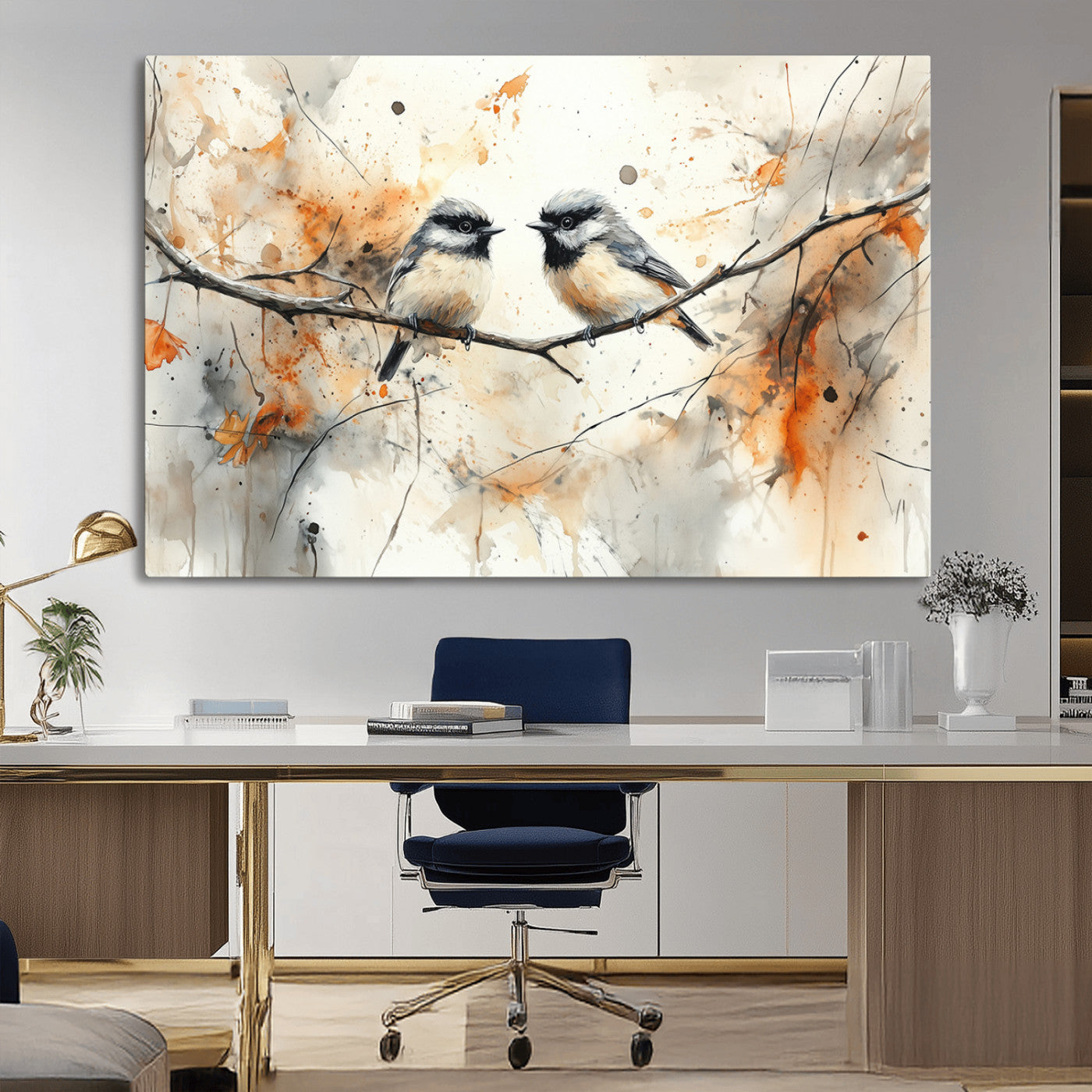 MGV-CV-36X24 - Abstract Watercolor Chickadee Bird Canvas Wall Art Print - Large Bird and Branch Wall Art, Modern