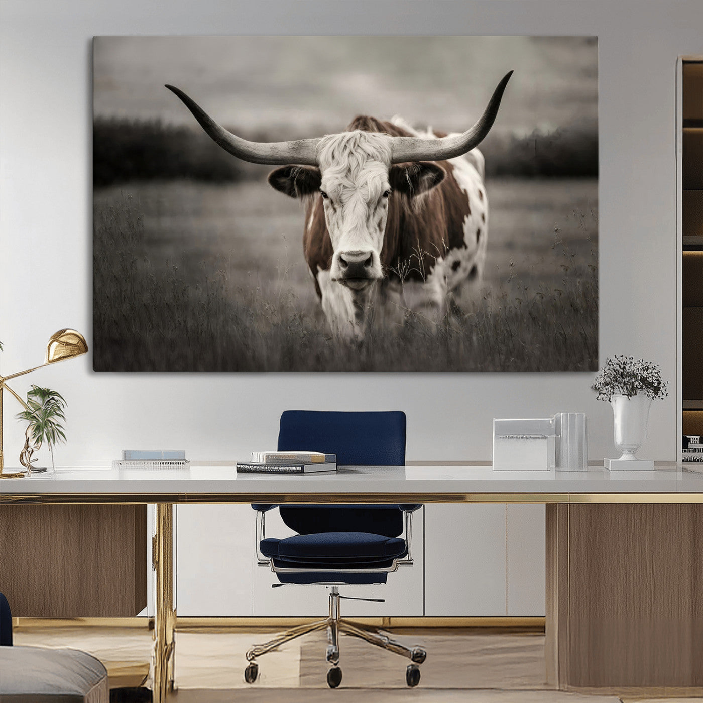 MGV-CV-36X24 - Texas Longhorn Cow Canvas Wall Art Print - Large Rustic Longhorn Art for Living Room, Western Wall