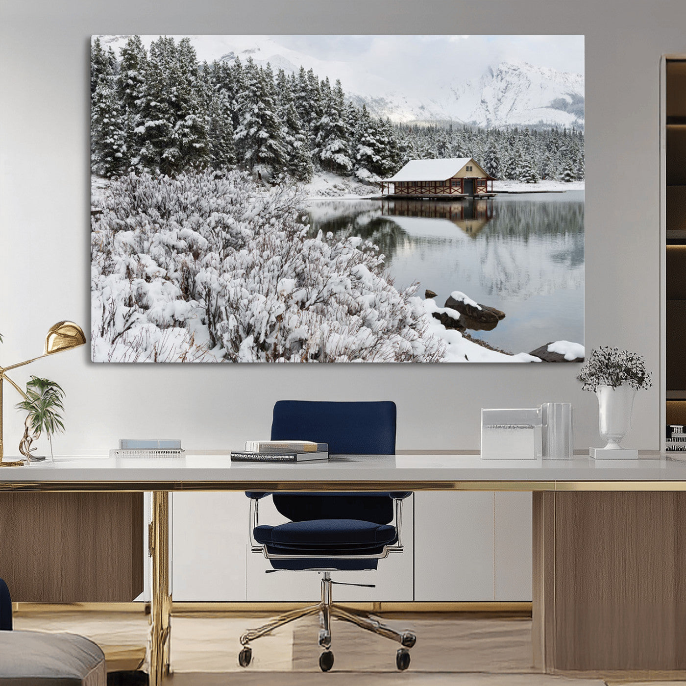 MGV-CV-36X24 - Winter Wall Art - Cabin by the Lake Canvas Wall Art - Serene Snowy Landscape with Mountain View,