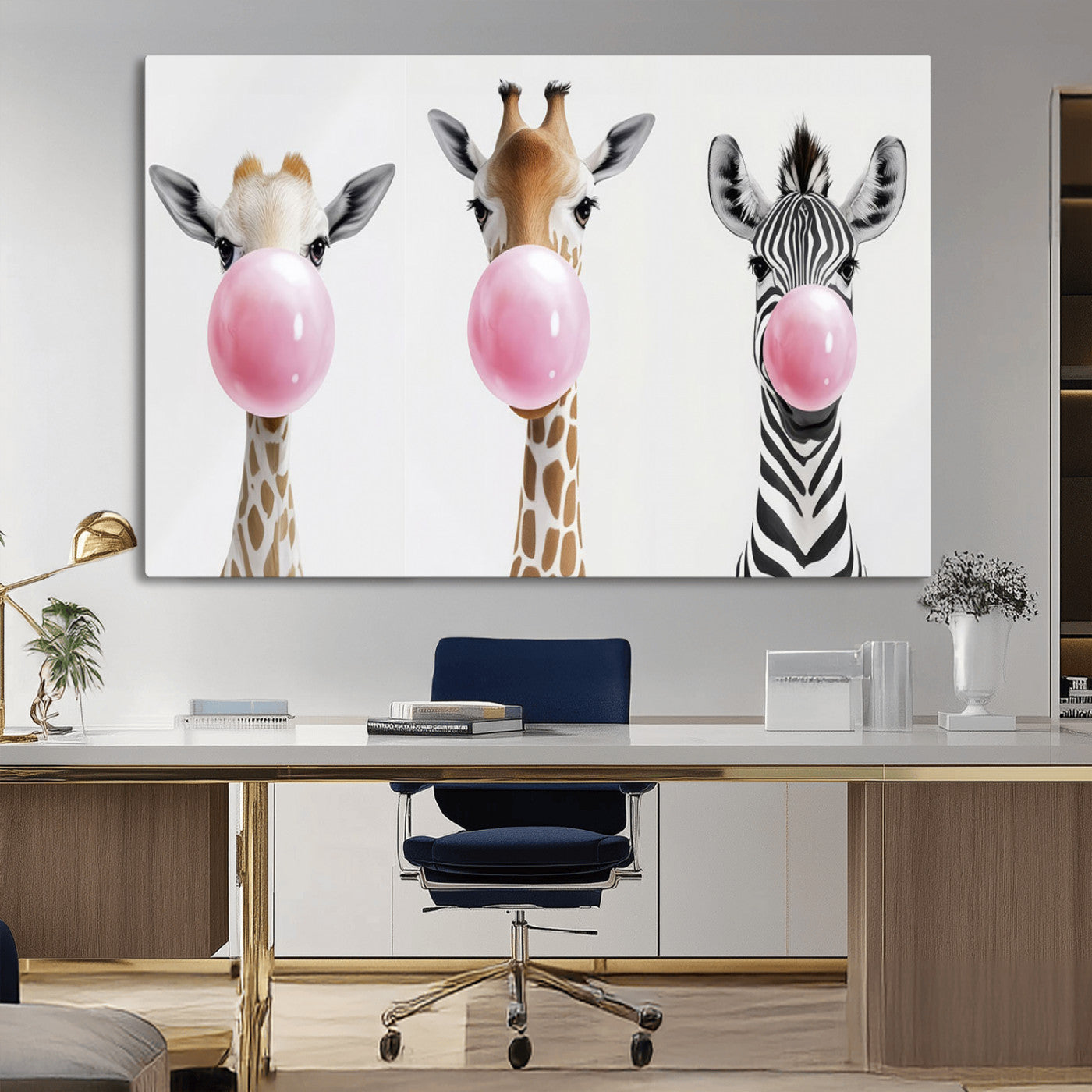 MGV-CV-36X24 - Bubblegum Animals Canvas Wall Art - Playful Giraffe and Zebra Trio, Fun Nursery Decor for Kids'