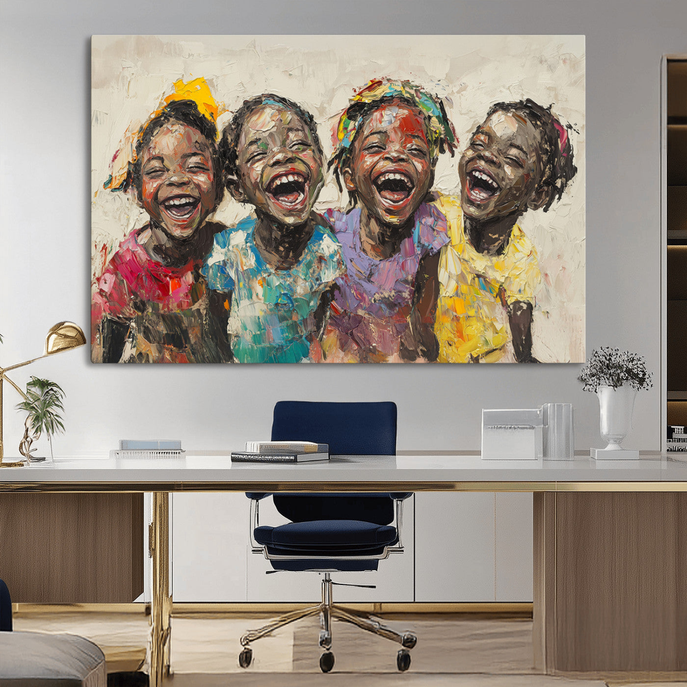 MGV-CV-36X24 - Shai Yossef style Joyful Childhood Canvas Wall Art - Expressive Impasto Painting of Black Children