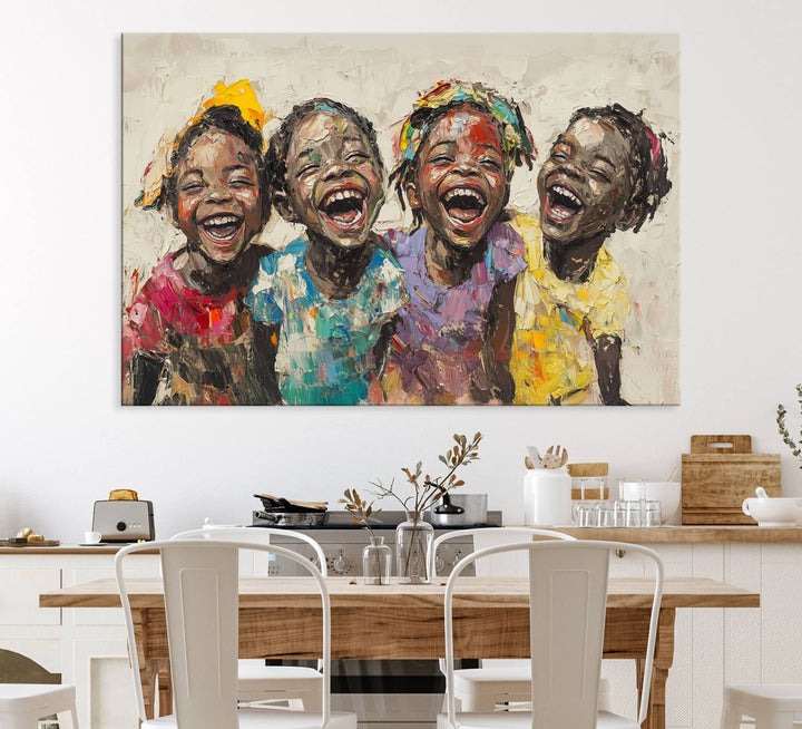 The Joyful Childhood Canvas Art by Shai Yossef, depicting kids laughing, is featured in the living room.