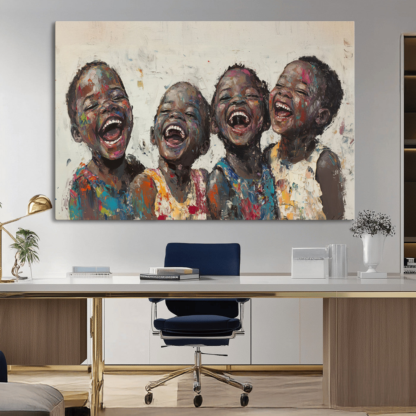 85256-MGV-CV-36X24-Shai Yossef Print - Joyful Childhood Canvas Wall Art - Expressive Impasto Painting of Laughing